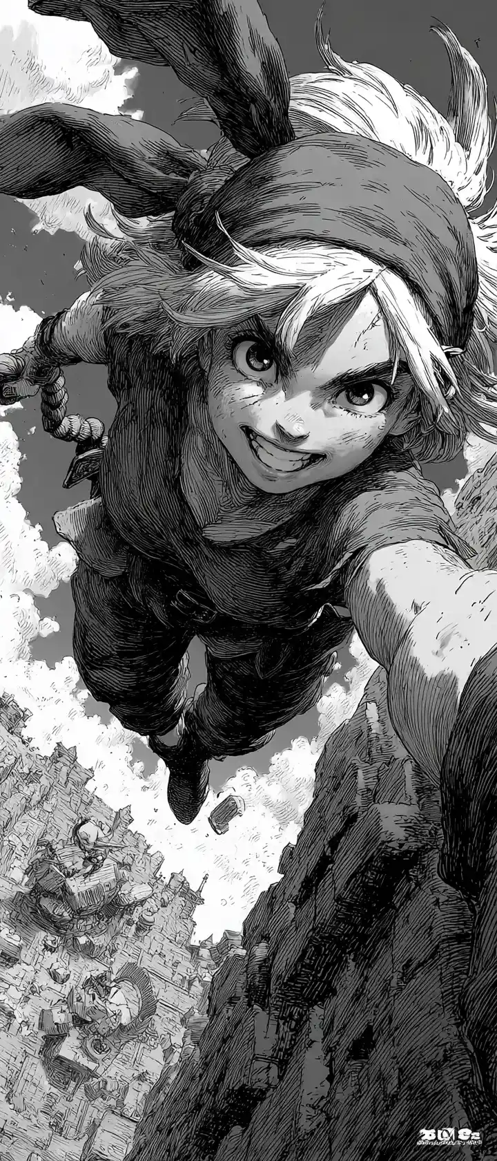 Anime sky pirate swinging across a vast floating canyon