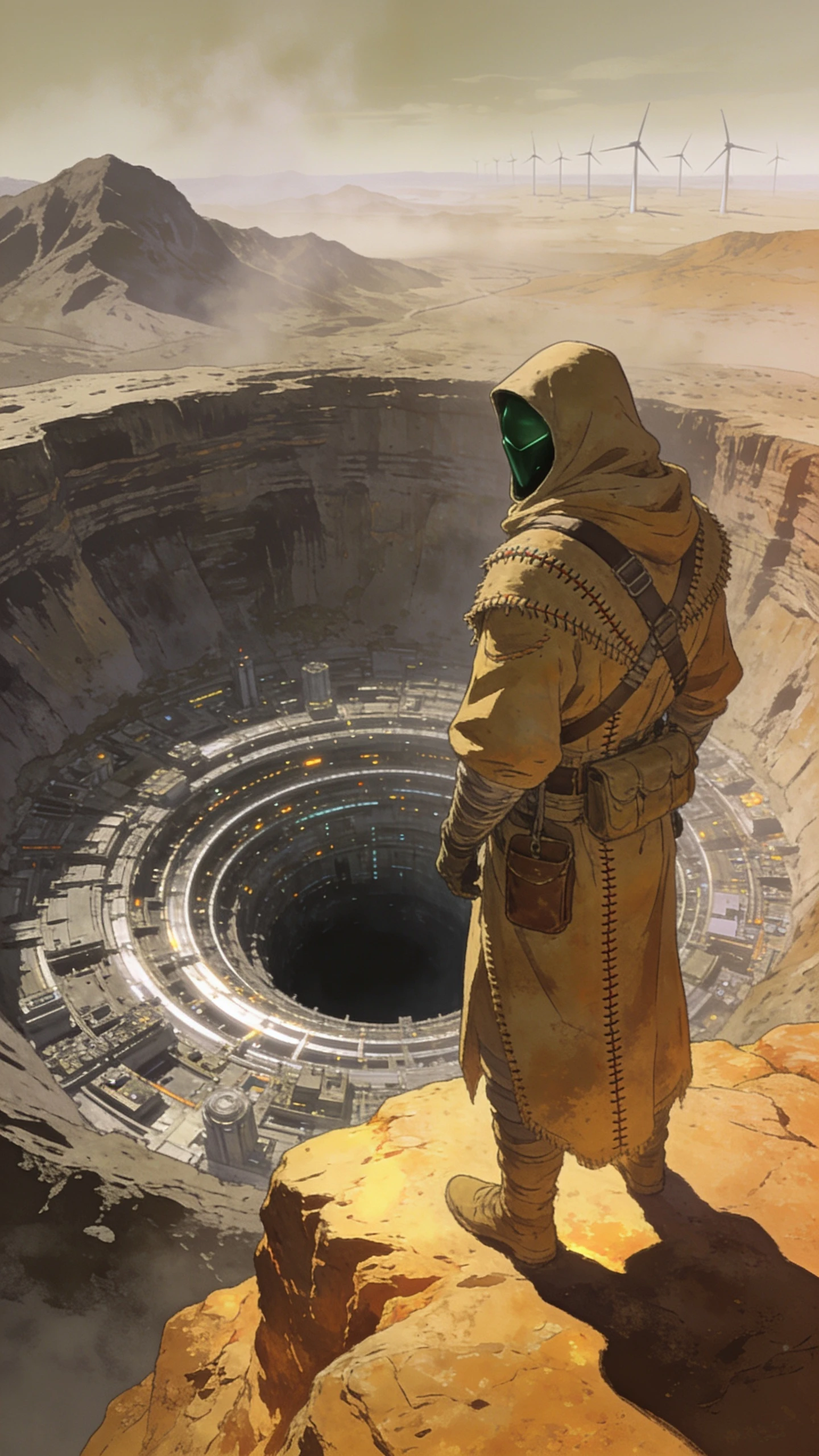 Cloaked wanderer overlooking colossal crater city