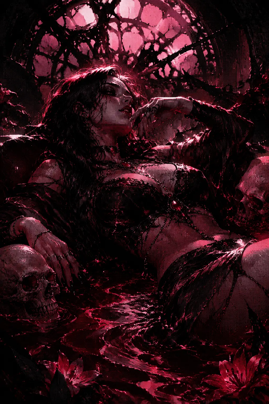 Woman reclining in crimson and obsidian digital illustration