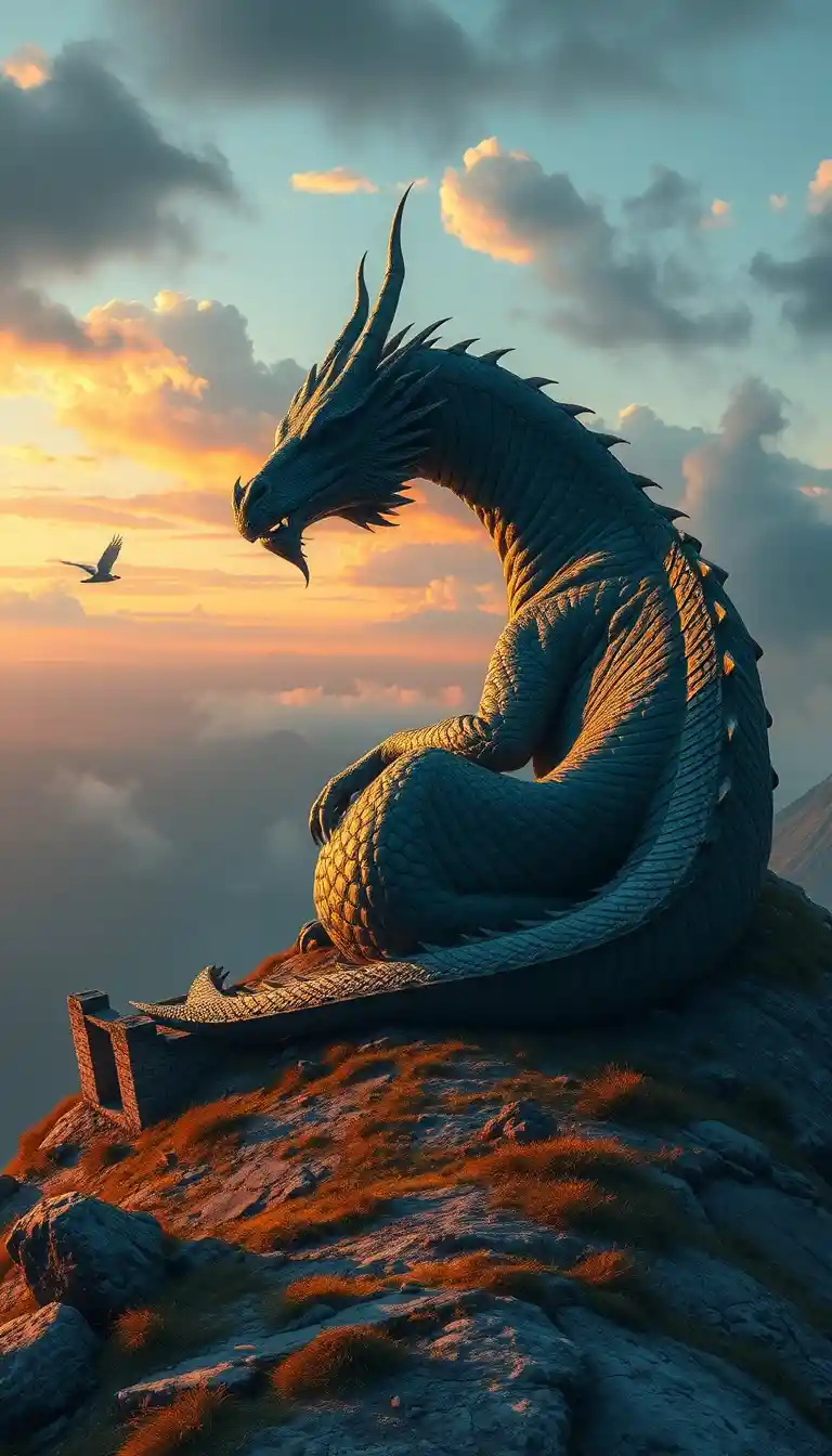 Ancient dragon sleeping on a misty mountain summit at dawn
