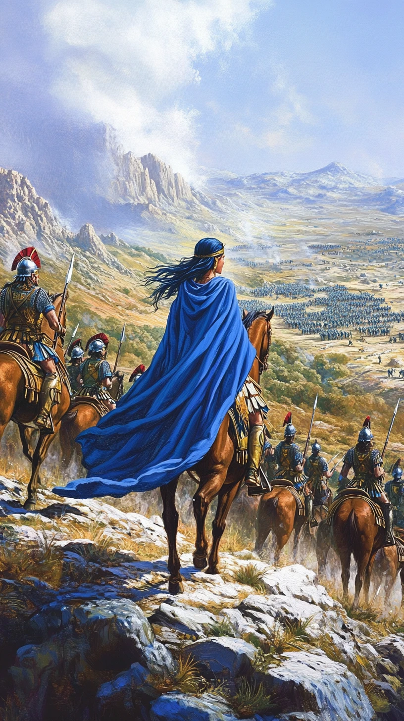 Warrior princess leading riders above an ancient battlefield