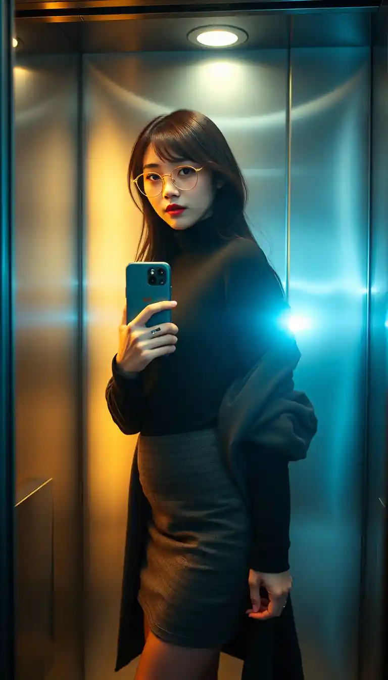 Elegant woman taking a lonely mirror selfie in an elevator