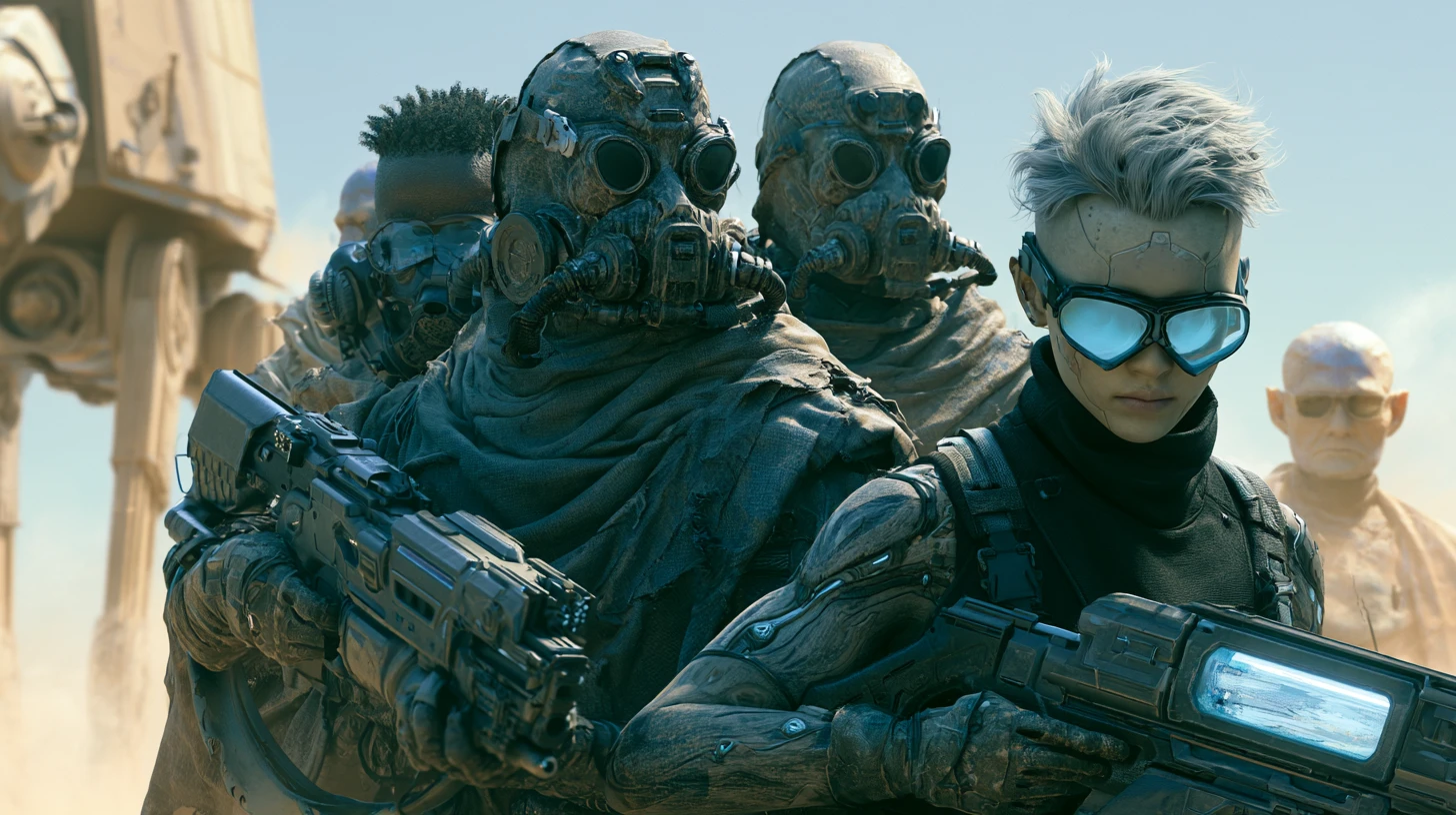 Desert monk woman with robotic gear in atomic wasteland