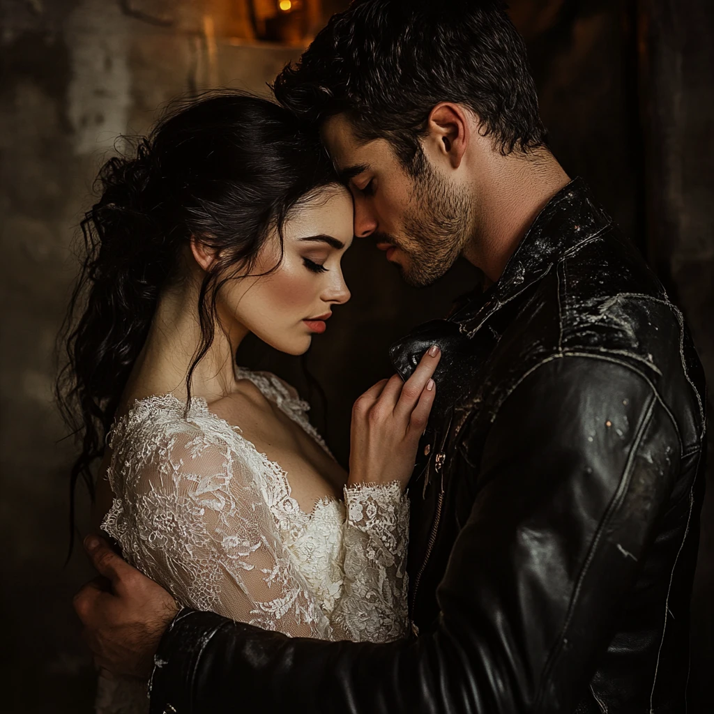 Romantic couple embracing by candlelight in intimate shadows