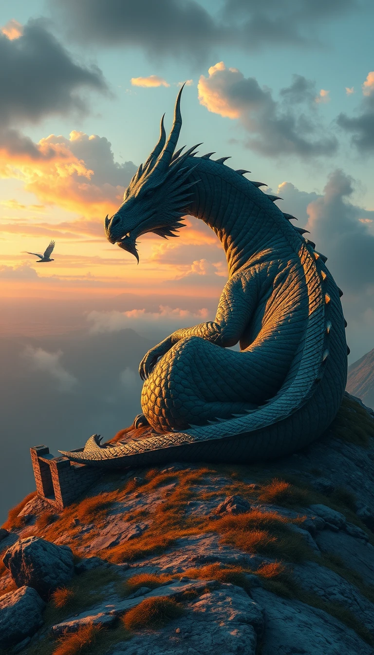 Ancient dragon sleeping on a misty mountain summit at dawn