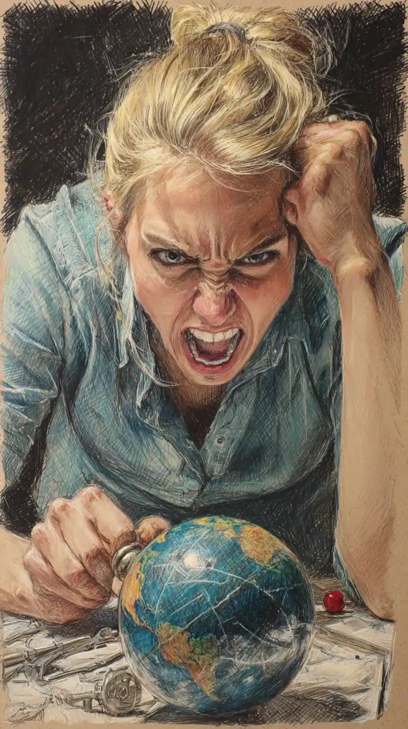 Angry blonde girl straining with kendama in close up