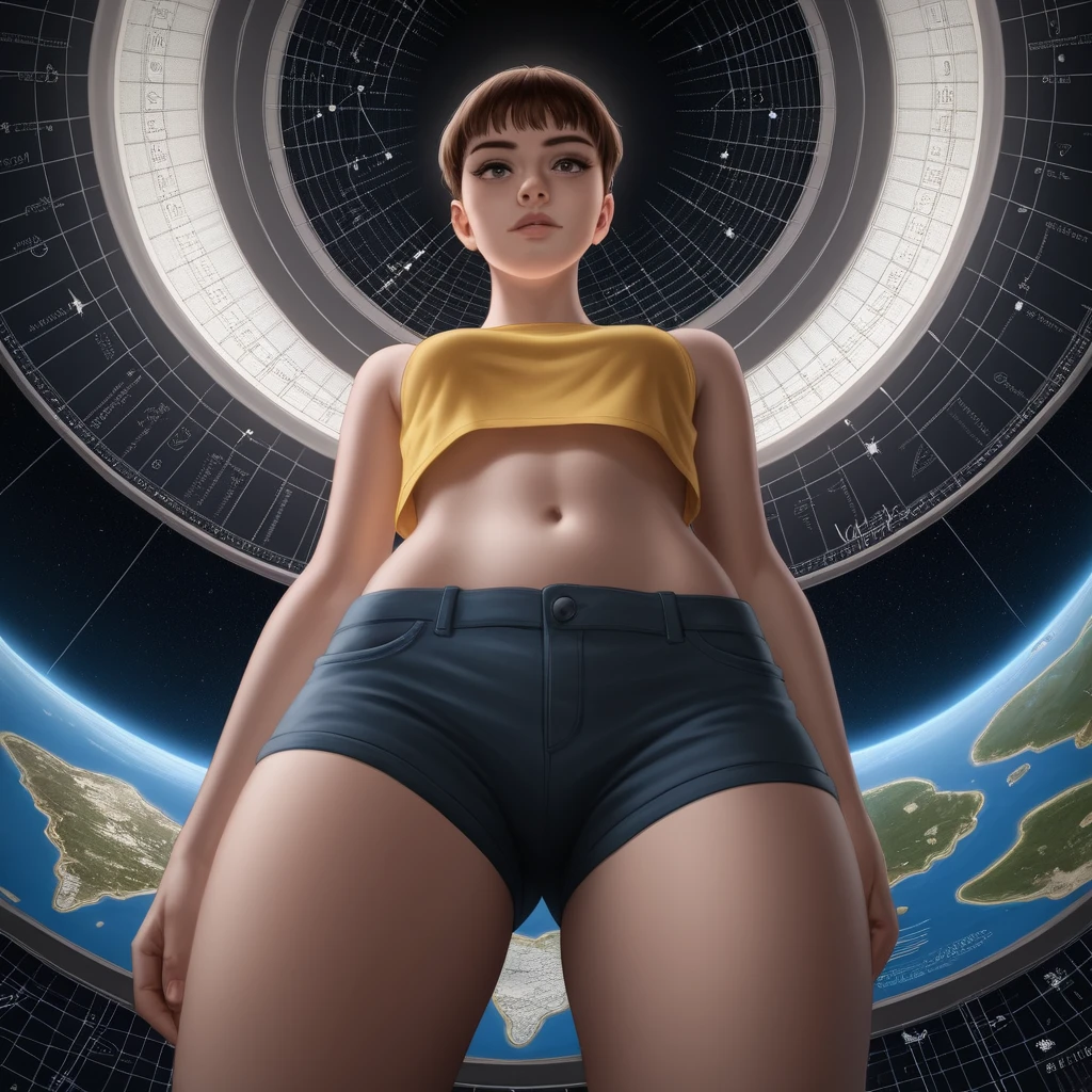 Young woman in patchwork celestial crop top indoors