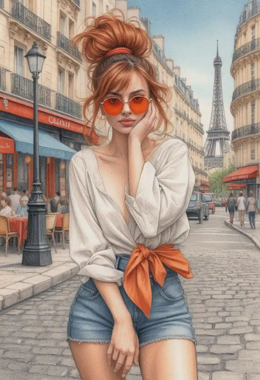Stylish woman in Paris street colored pencil illustration