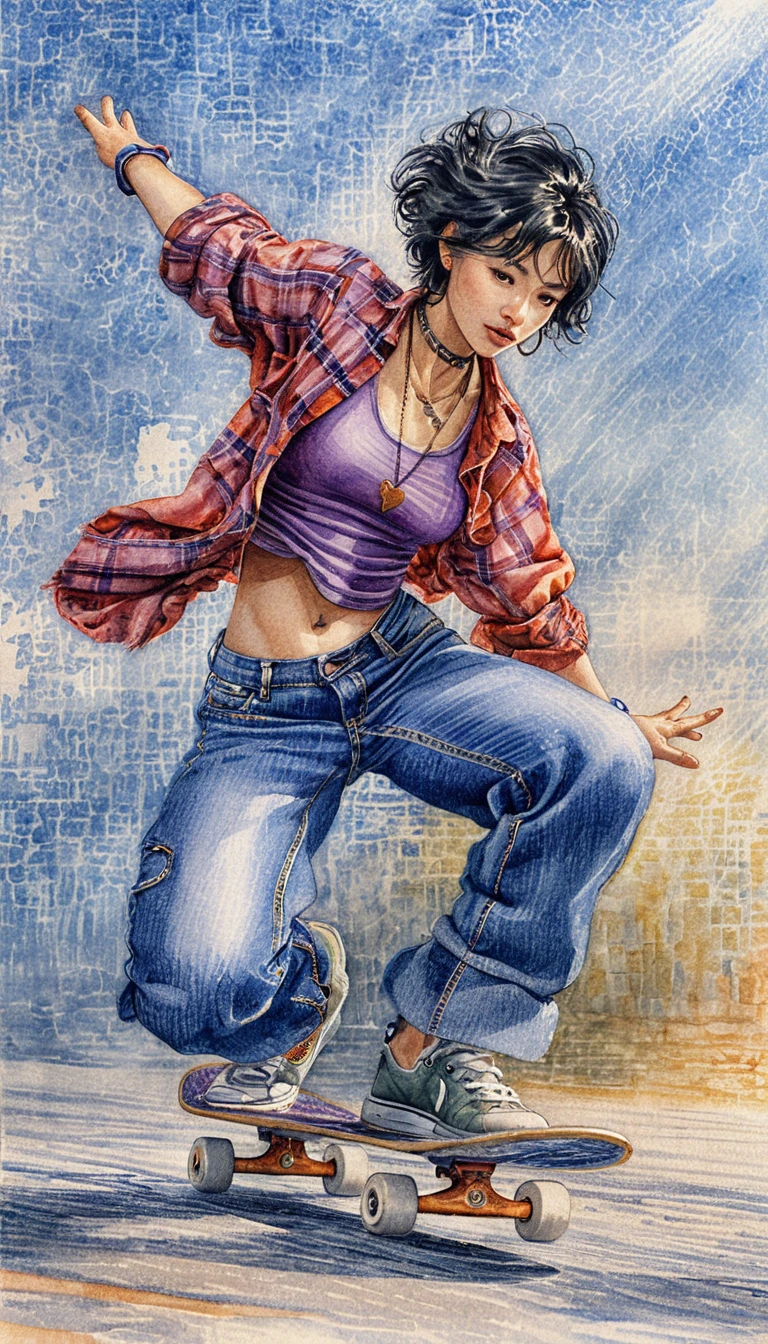 Young woman skateboarding in dynamic low angle studio view