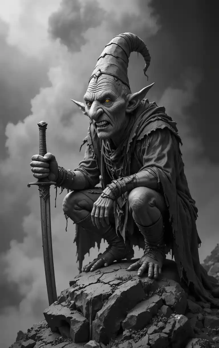 Menacing goblin with sword crouching on a rock