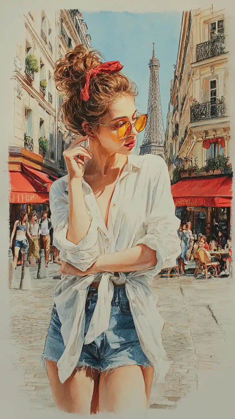 Stylish woman in Paris street colored pencil illustration