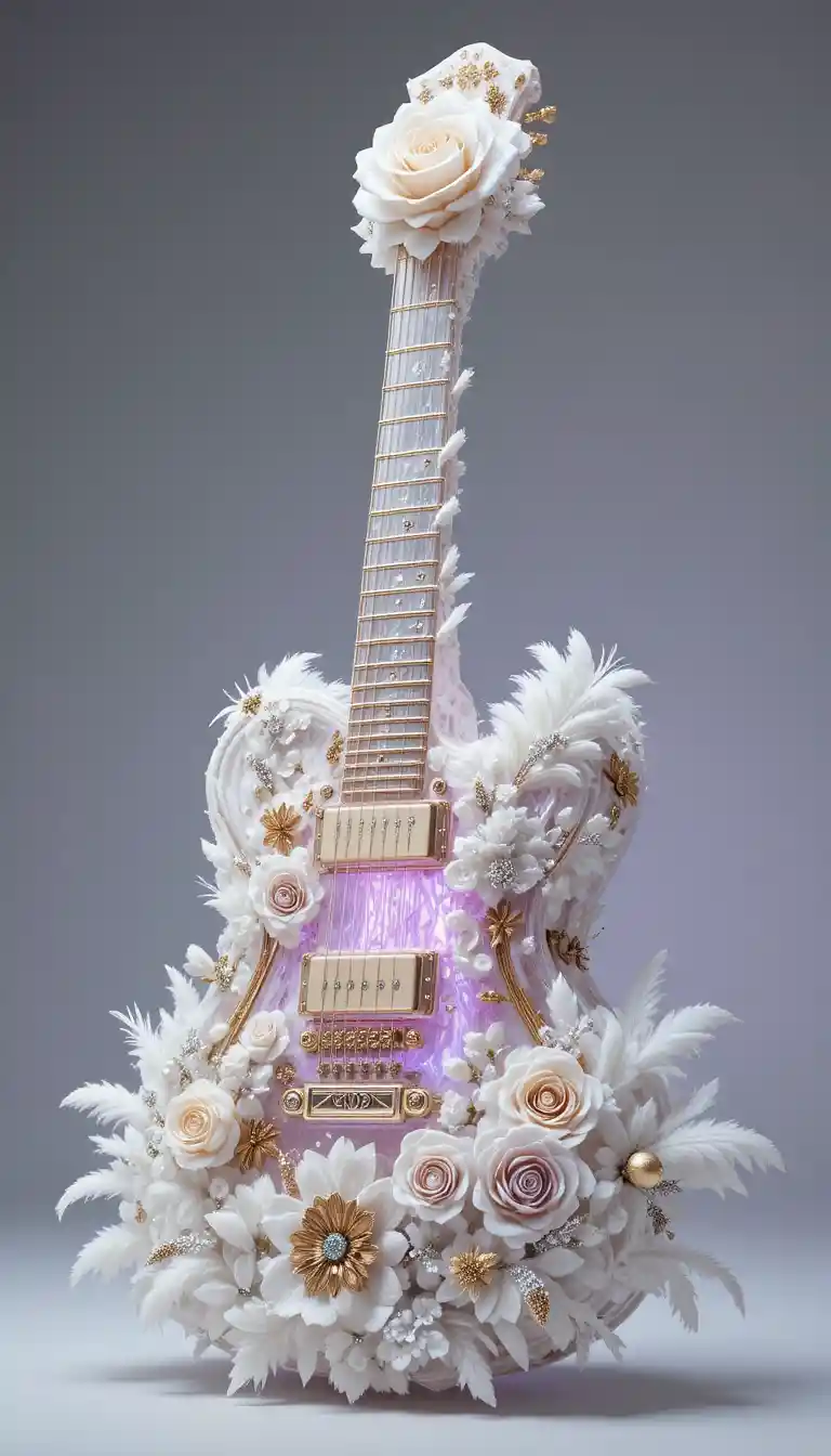 Luxurious crystal guitar with baroque carvings and feathers