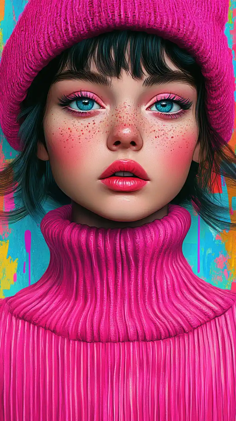 Pink beret girl with electric blue eyes in vibrant colors
