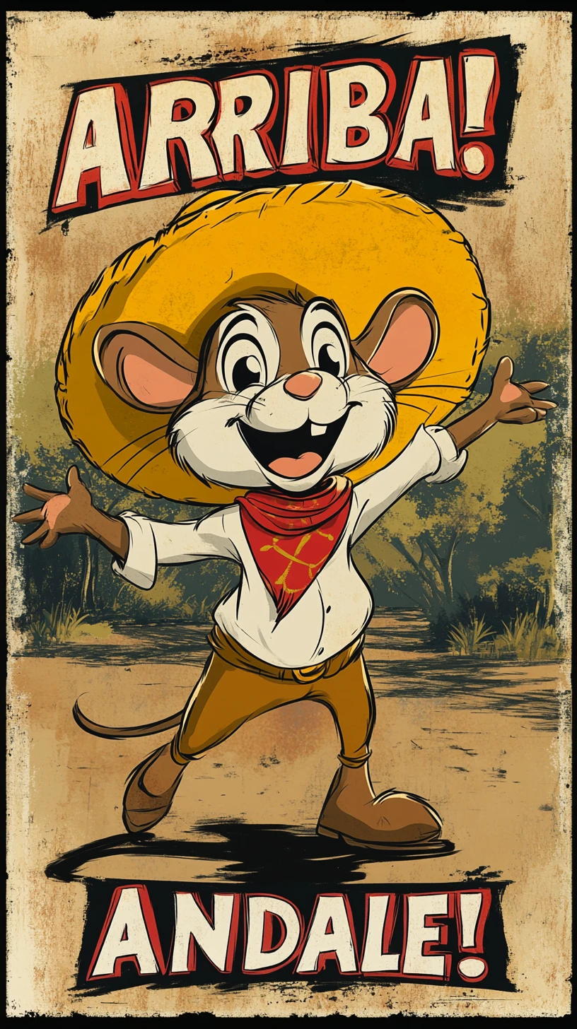 Cheerful Vintage Cartoon Mouse Sticker With Yellow Sombrero