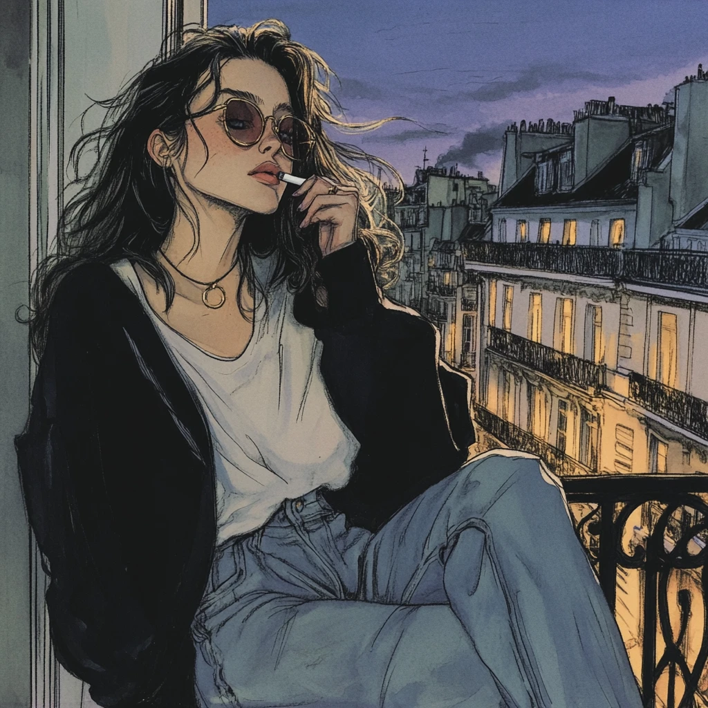 Young woman smoking on a Parisian balcony at night