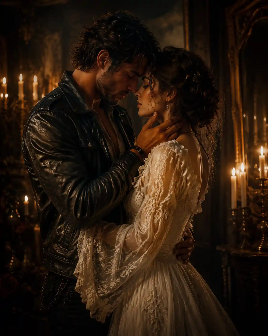 Romantic couple embracing closely in warm candlelight