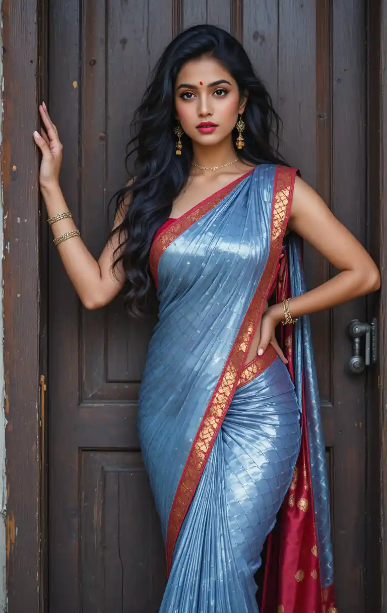 Tamil woman in glossy saree bending in full body pose