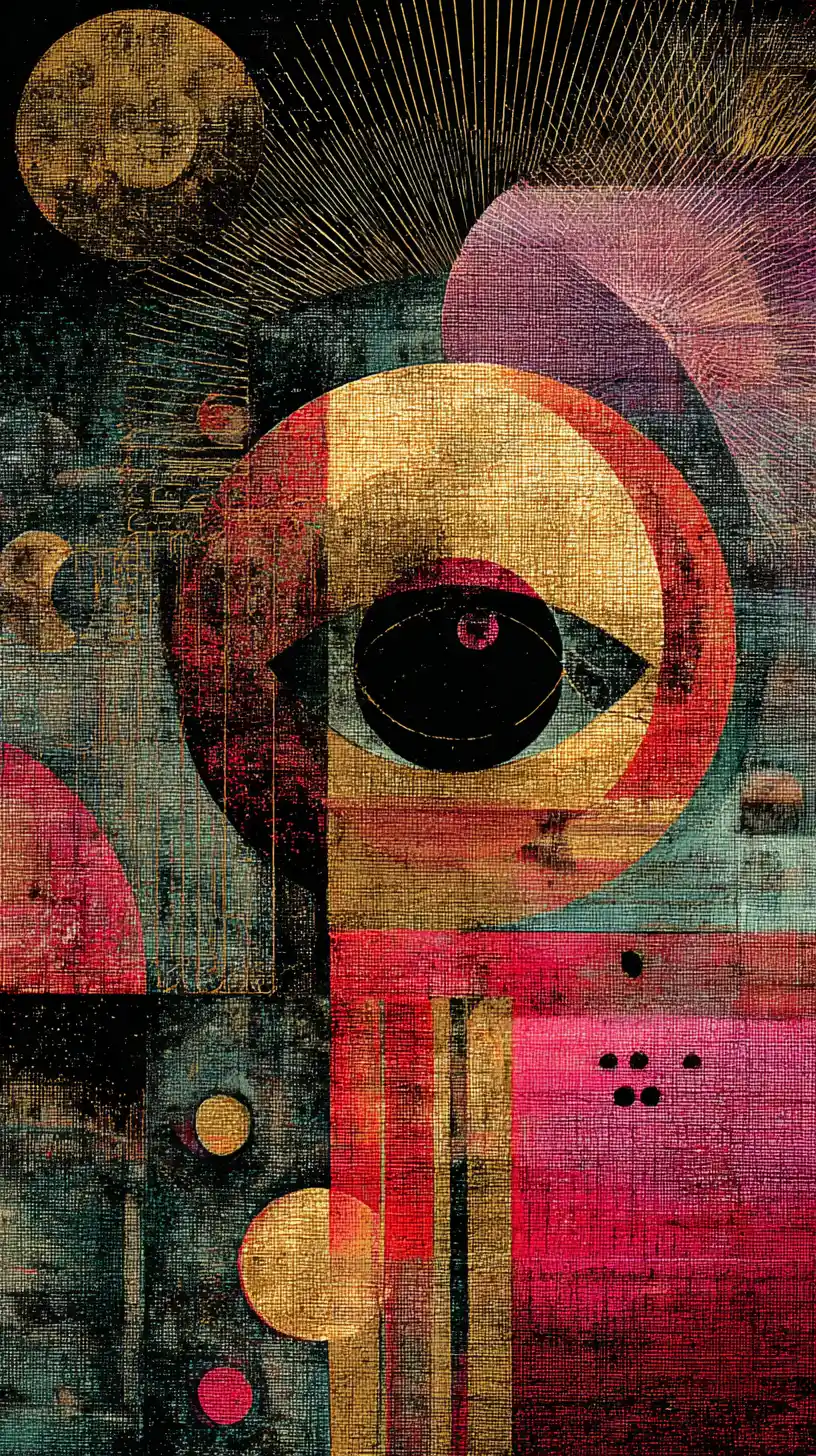 Surreal romantic figure emerging on textured abstract canvas