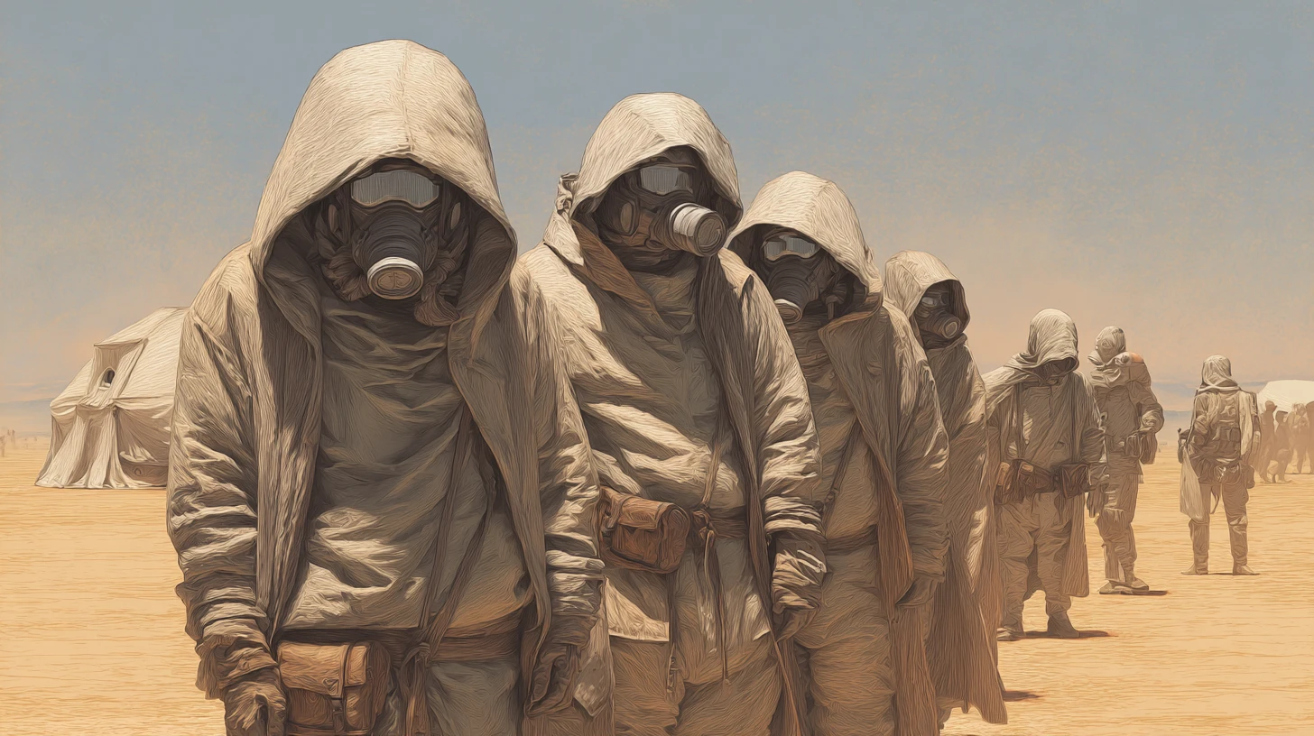 Desert monks in protective suits crossing a harsh wasteland