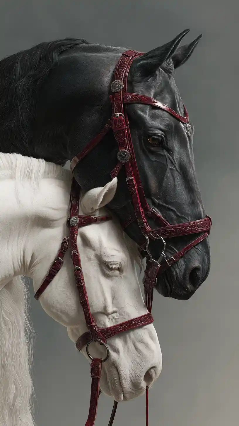 Tender close up portrait of intertwined black and white horses
