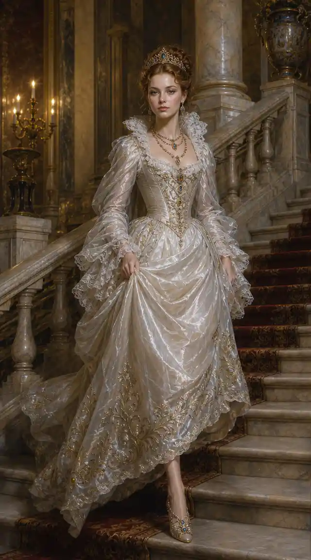Giovane nobildonna in abito barocco che scende le scale del palazzo