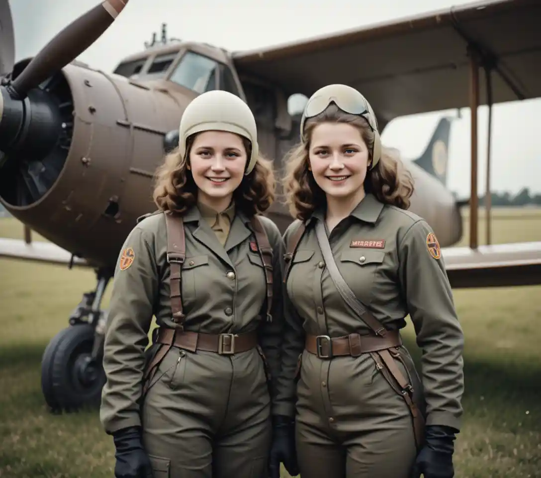 Two women in 1950s jet pilot gear on grassy airfield