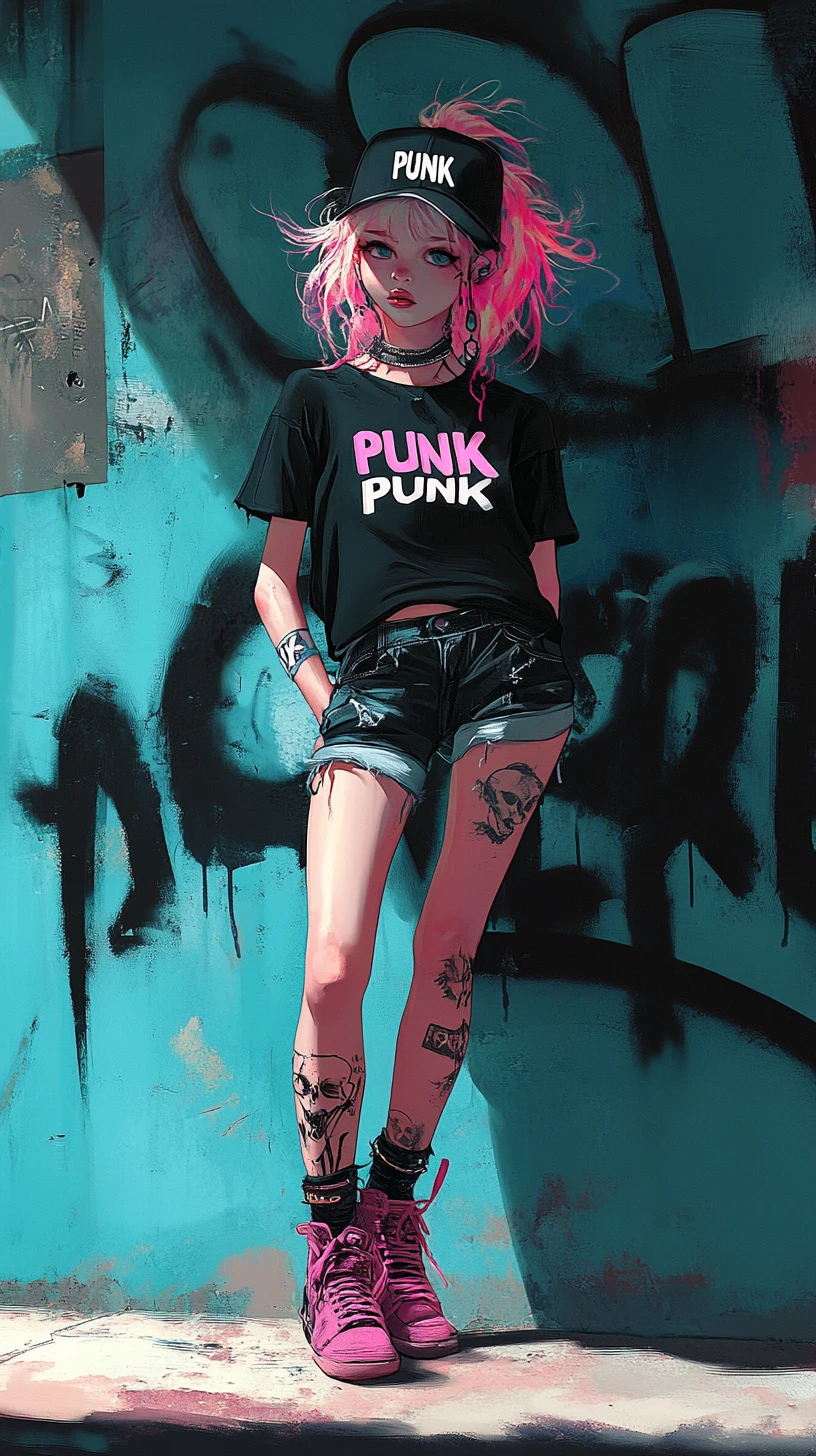 Punk anime girl in neon alley blowing pink bubblegum