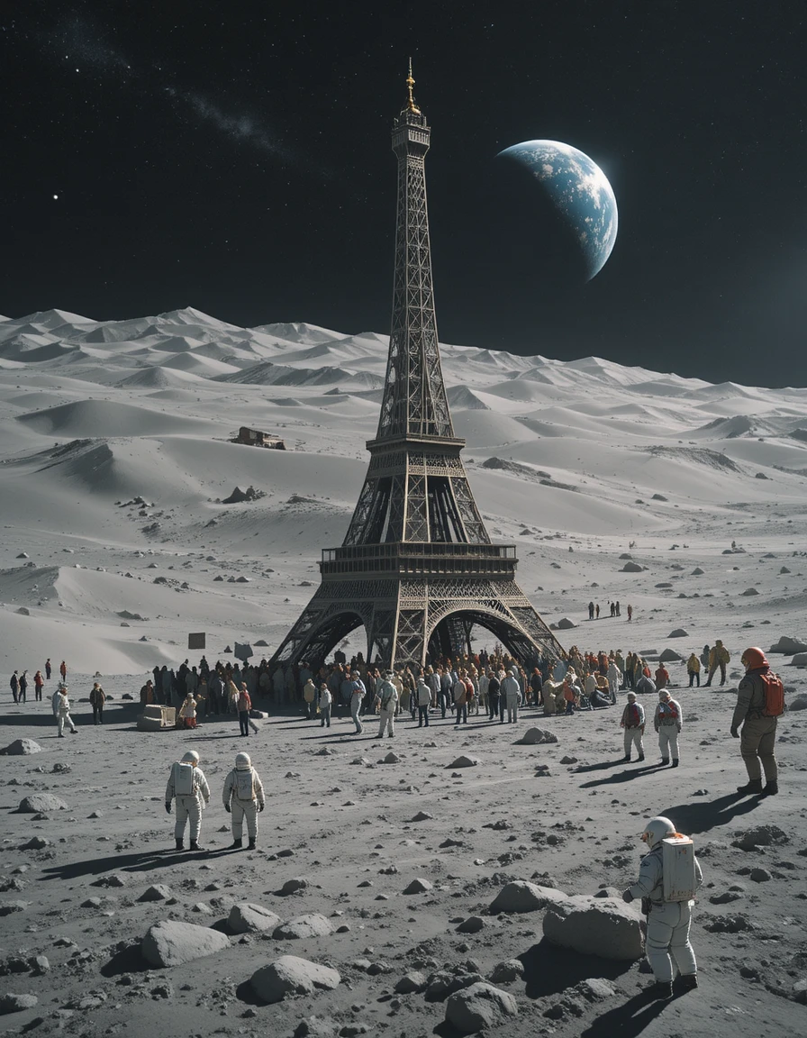 Eiffel Tower Standing On The Moon With Distant Earth View