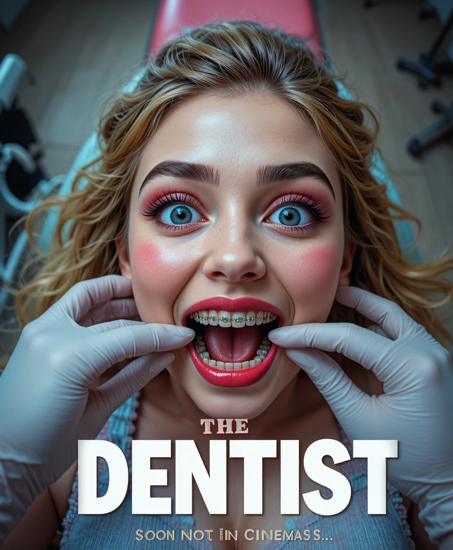 Fisheye first person view of girl in dentist chair