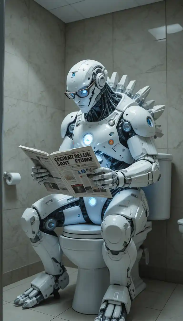 Mechanical Godzilla Reading On A Toilet With Glasses