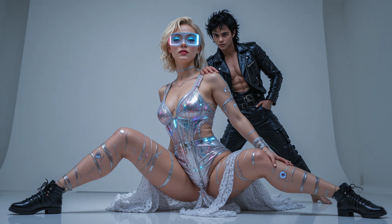 Cyberpunk fashion woman in studio low angle portrait