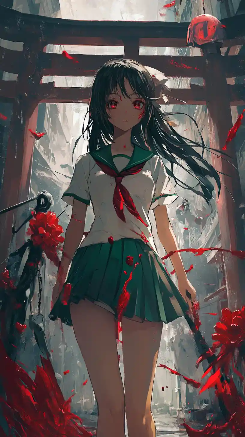 Anime girl at a Halloween market with ghosts and monsters