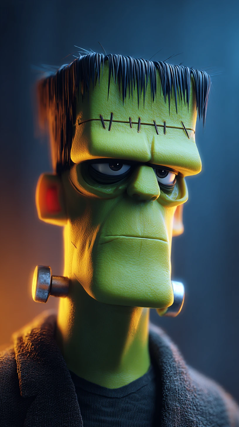 Cute 3D cartoon Frankenstein monster portrait with moody lighting