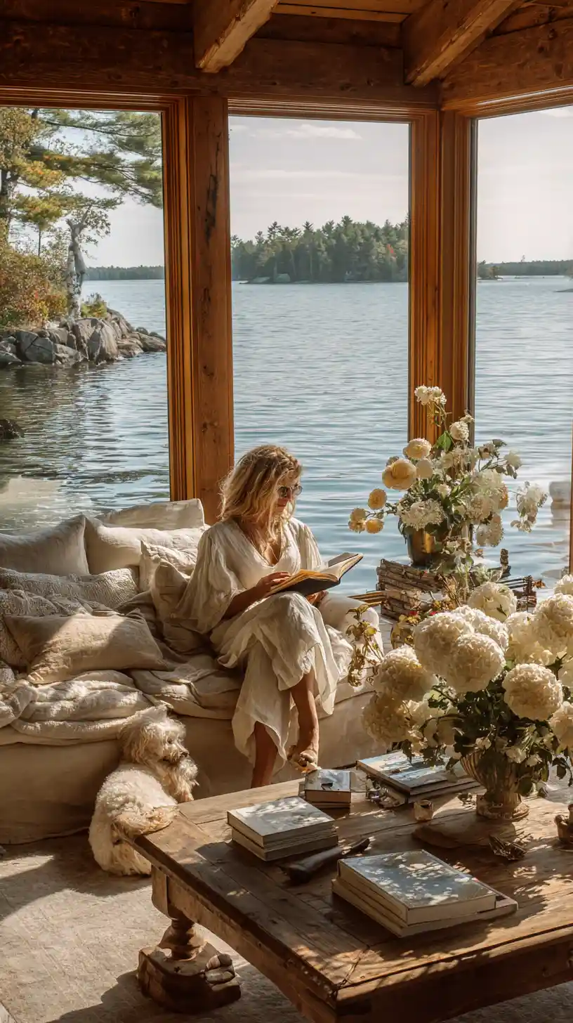 Woman reading in a serene lakeside living room