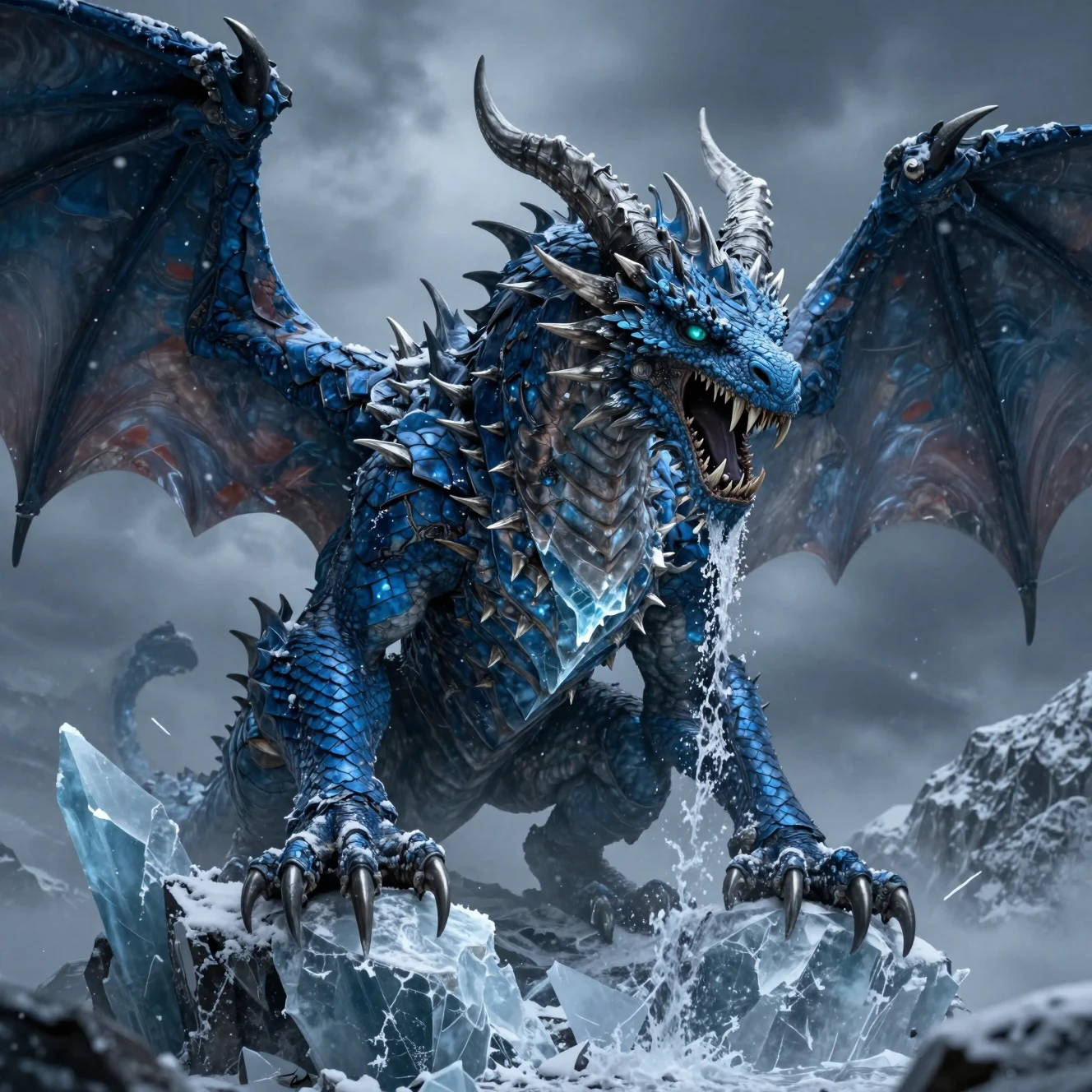 Ancient blue dragon atop a shattered icy mountain