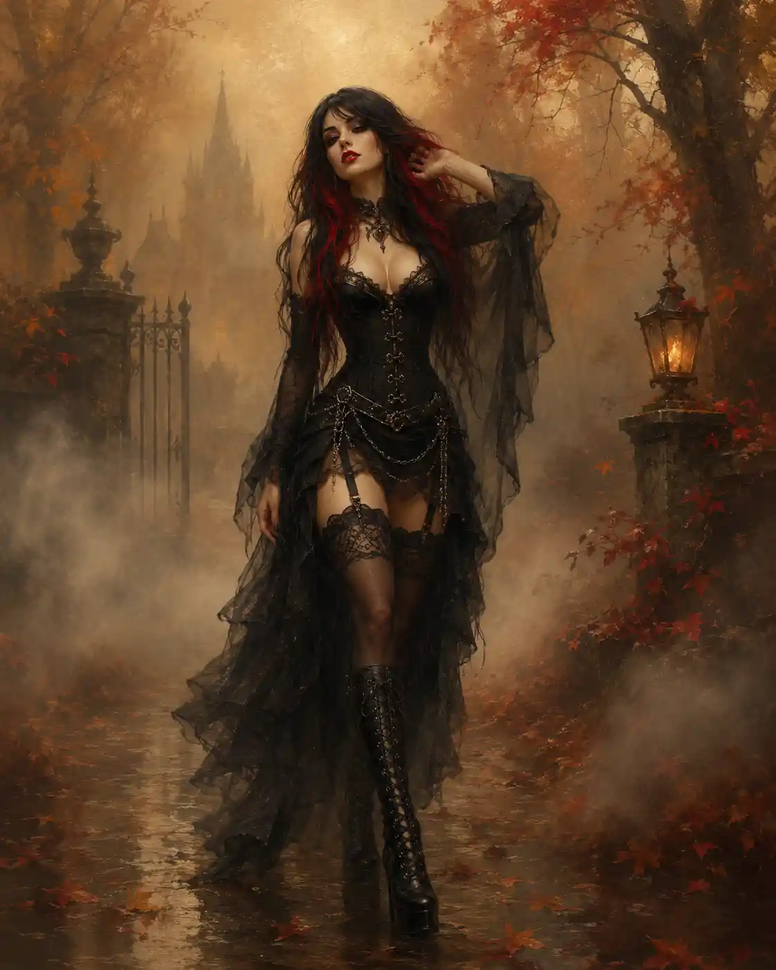 Gothic woman in foggy autumn tones oil painting