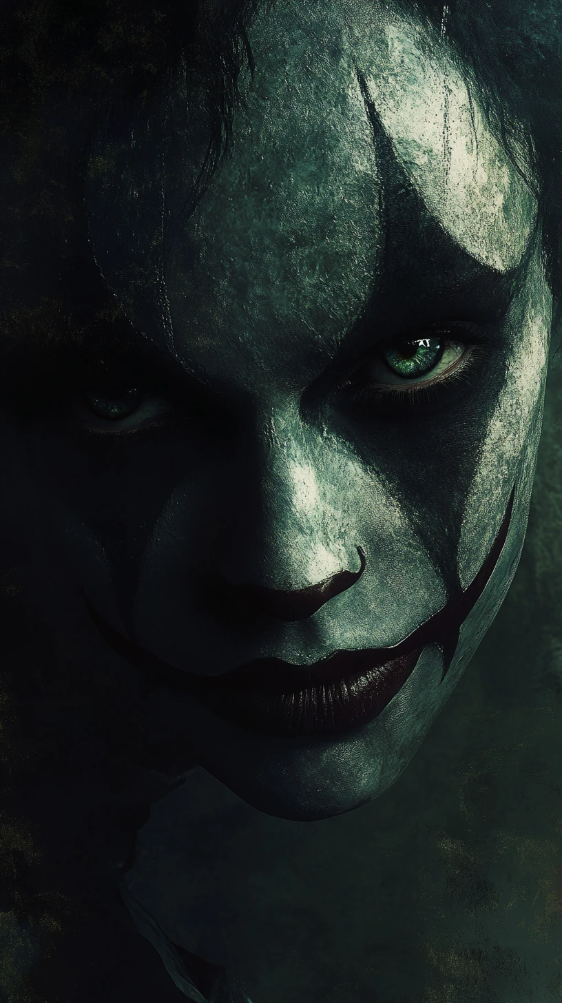 Melancholic harlequin portrait in dark fantasy painterly style