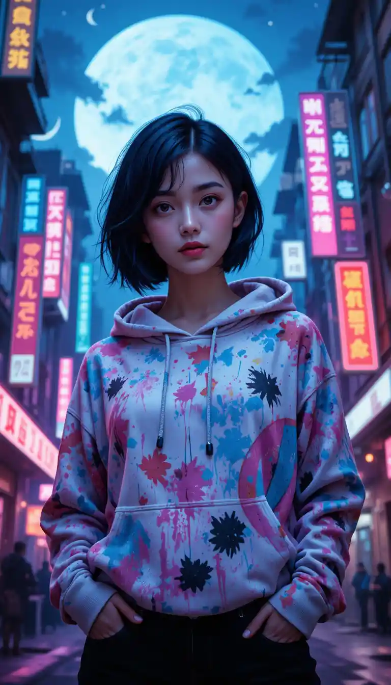 Blue eyed asian woman in hoodie in futuristic city night