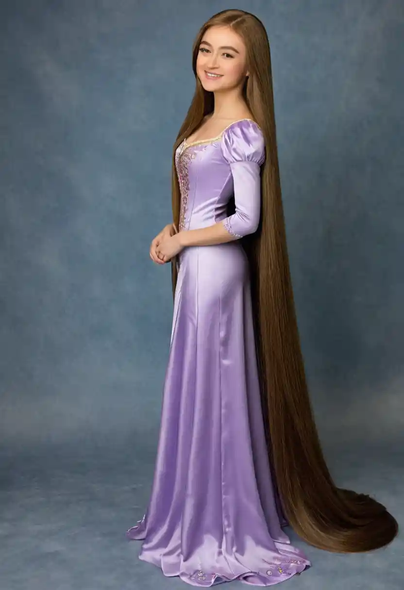 Smiling woman with extremely long silky hair in profile