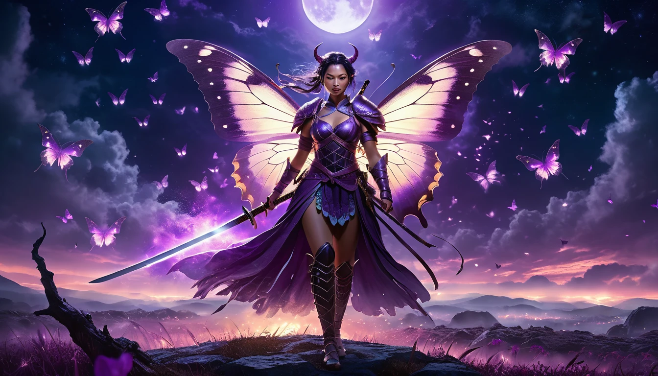 Butterfly warrior woman on a moonlit fantasy battlefield