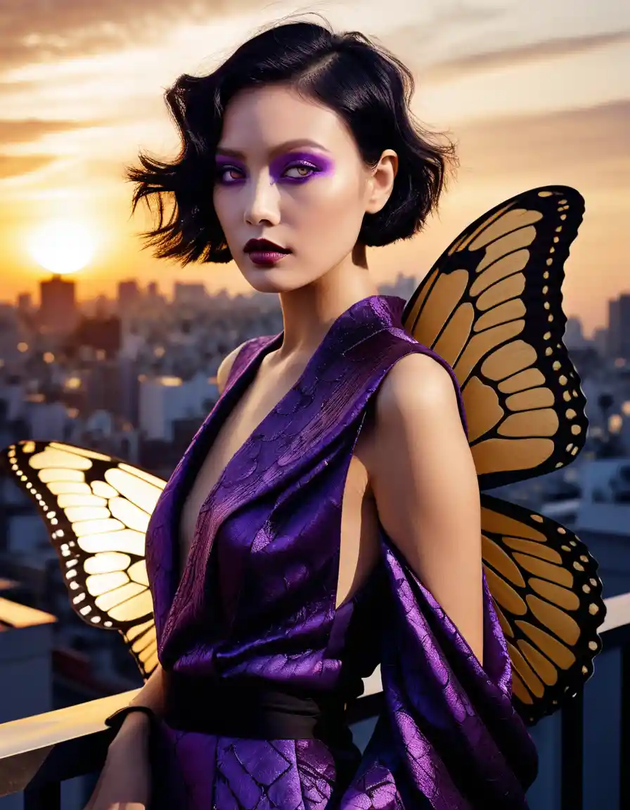 Elegant woman in butterfly inspired fashion on Tokyo rooftop