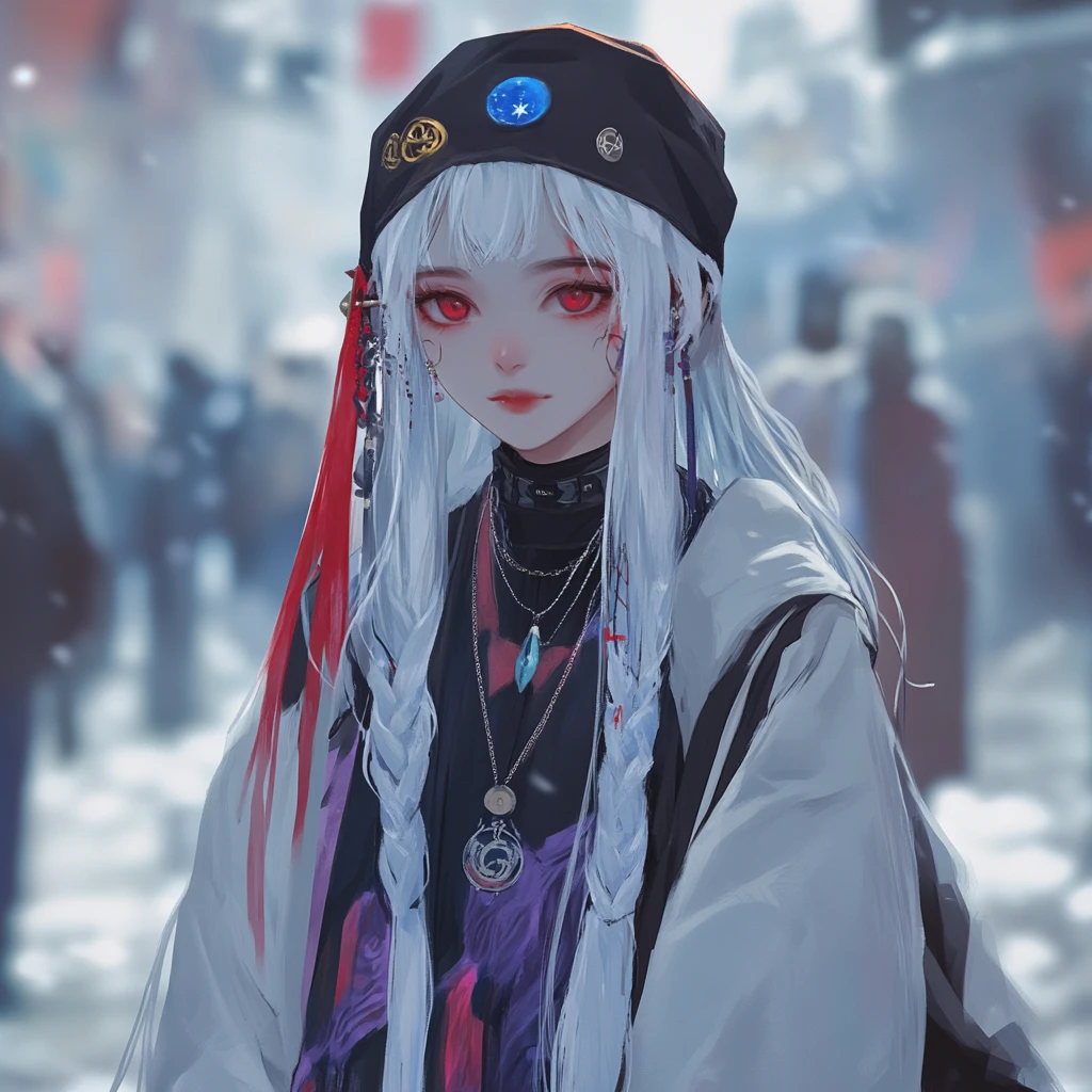 Girl in white down jacket at a futuristic concert