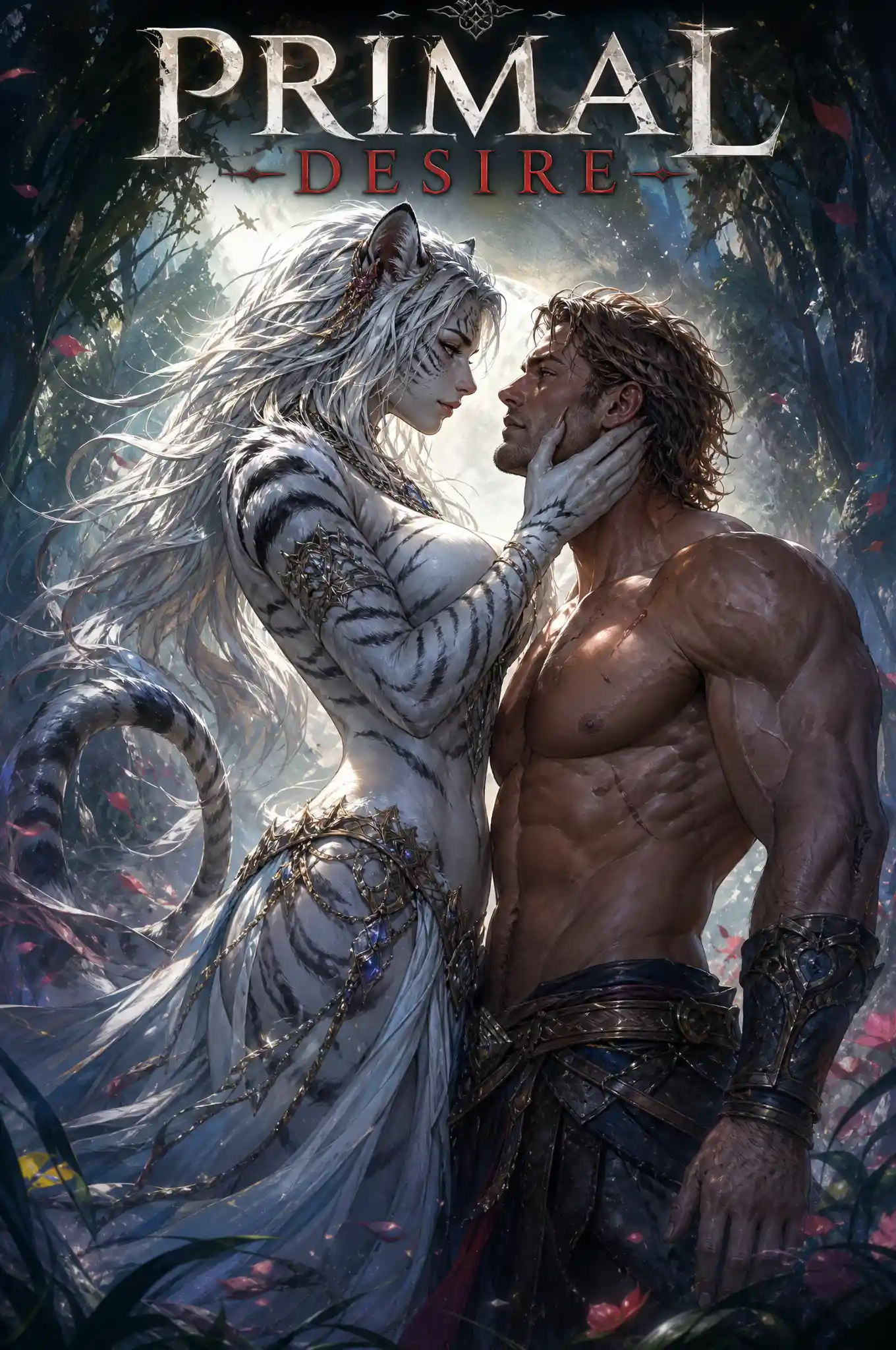 Tiger human heroine touching a lover in mystical forest