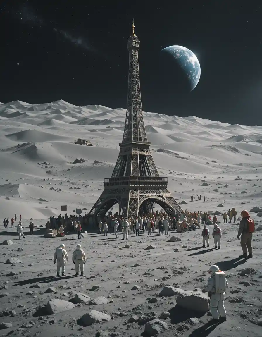 Eiffel Tower Standing On The Moon With Distant Earth View