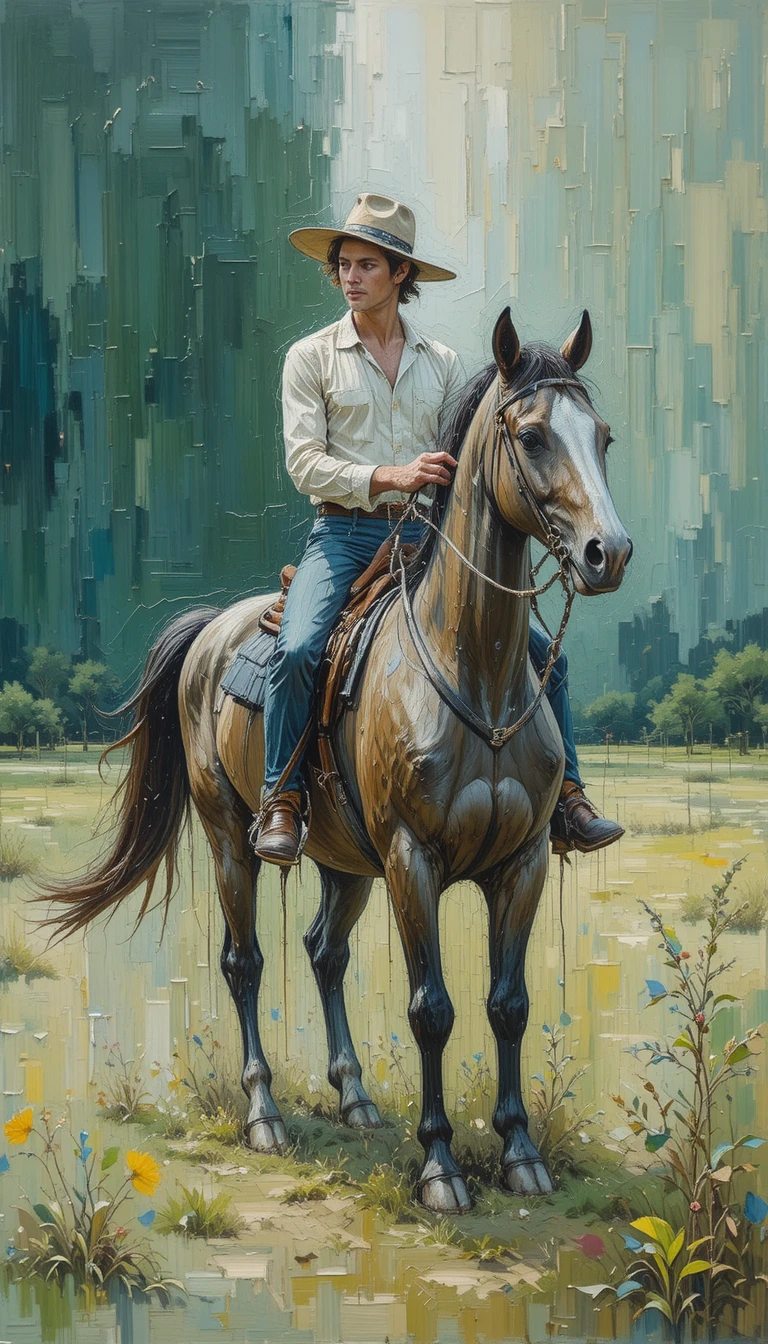 Man on horseback riding across a green field under stormy sky