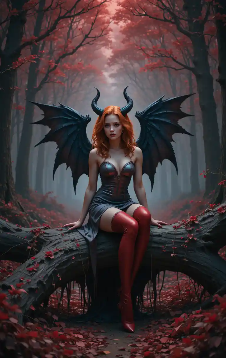 Demon woman with black wings in eerie red forest