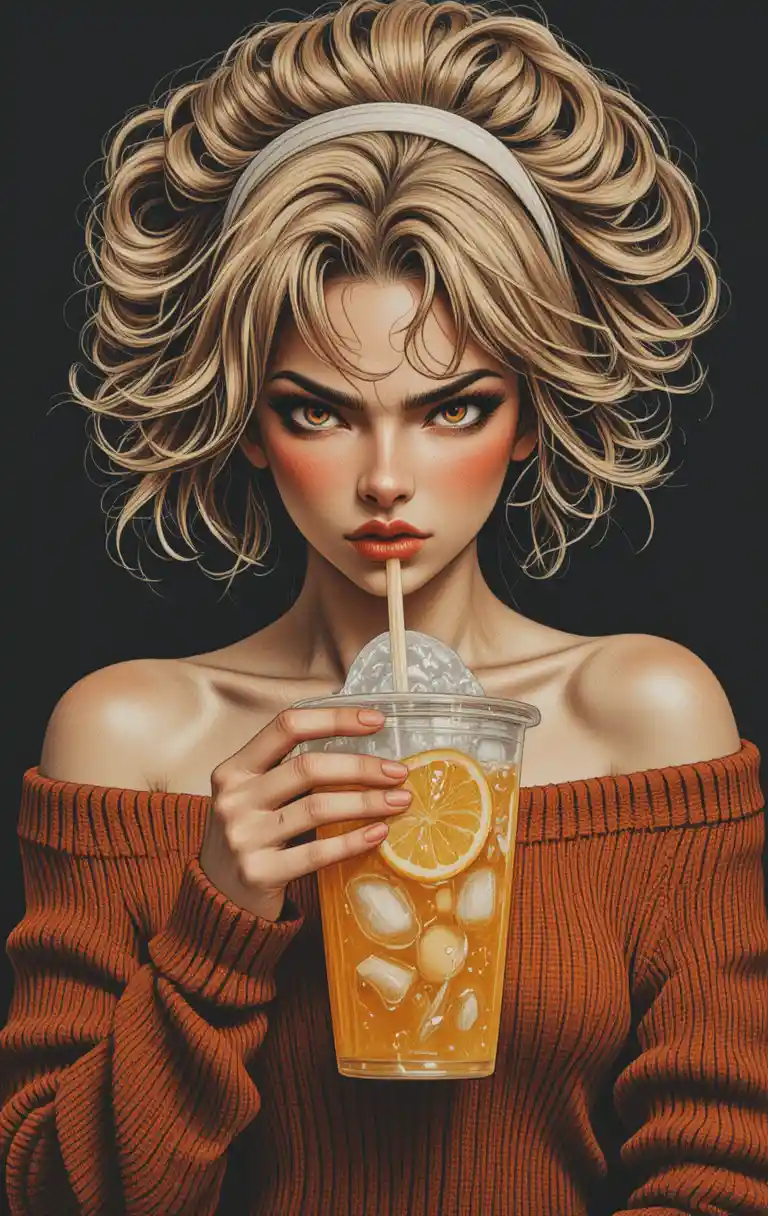 Defiant girl portrait with lemonade and fierce direct gaze