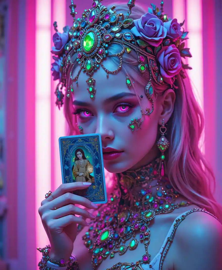 Futuristic woman with jeweled headpiece and tarot card