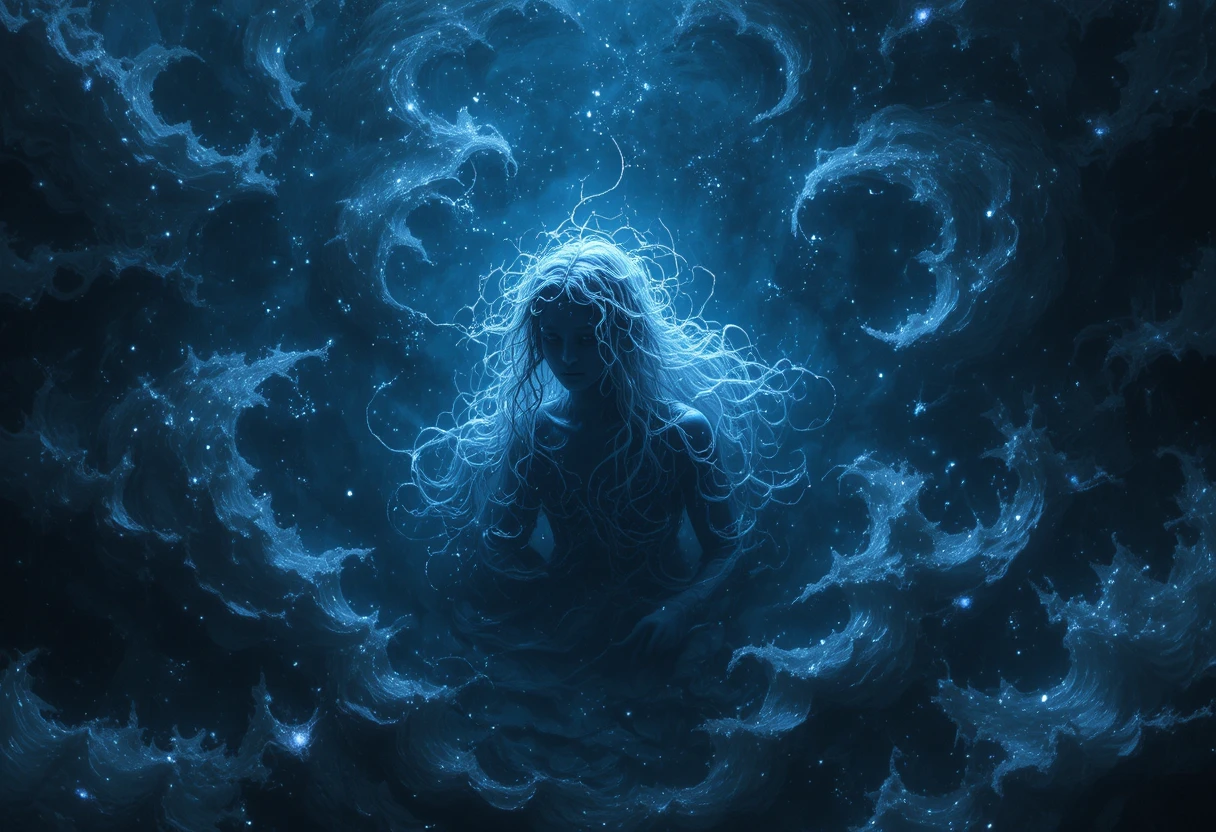 Mystical being floating on a glowing starry cosmic ocean