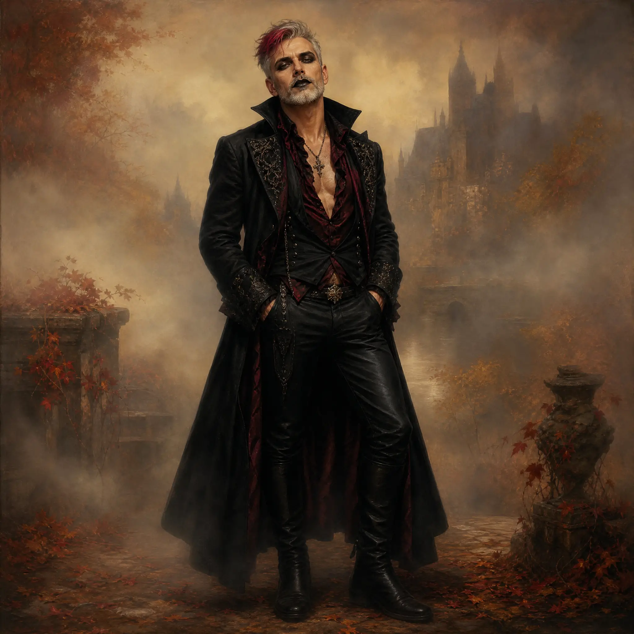 Gothic older man in foggy warm toned oil painting